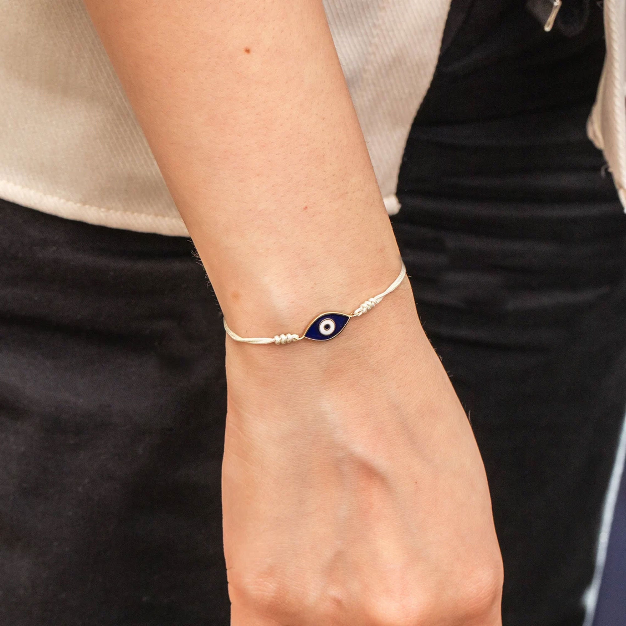 Enameled Oval Evil Eye String Bracelet, Adjustable Rope Bracelet in 14K ...