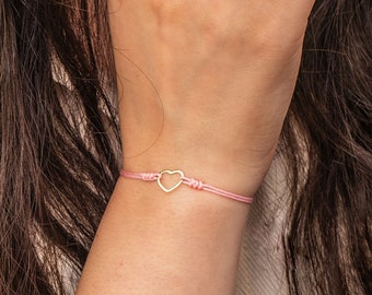 Open Heart Rope Bracelet, 14K 18K Real Gold Adjustable Bracelet, Cute Heart Bracelet For Kids, Tiny Love String Bracelet