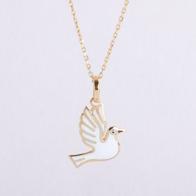 14k Solid Gold Dainty Dove Pendant Enamel Dove Necklace for Kids and Girls Mother's Day Gift Animal Lover Necklace Gift For Her image 1