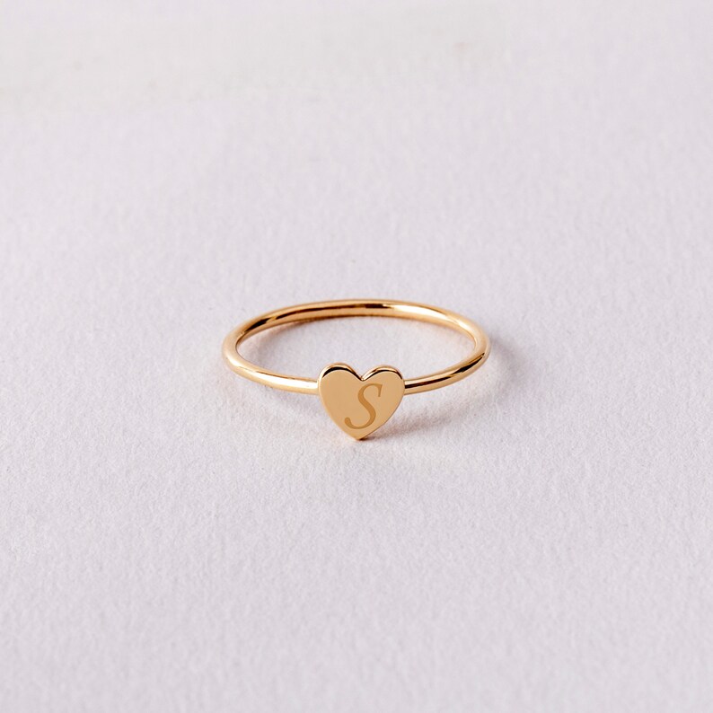 Custom Solid Gold Heart Ring Tiny Engraved Initial Heart Gold Ring Girls Dainty Heart Ring Stacking Handmade Heart Gold Ring image 4