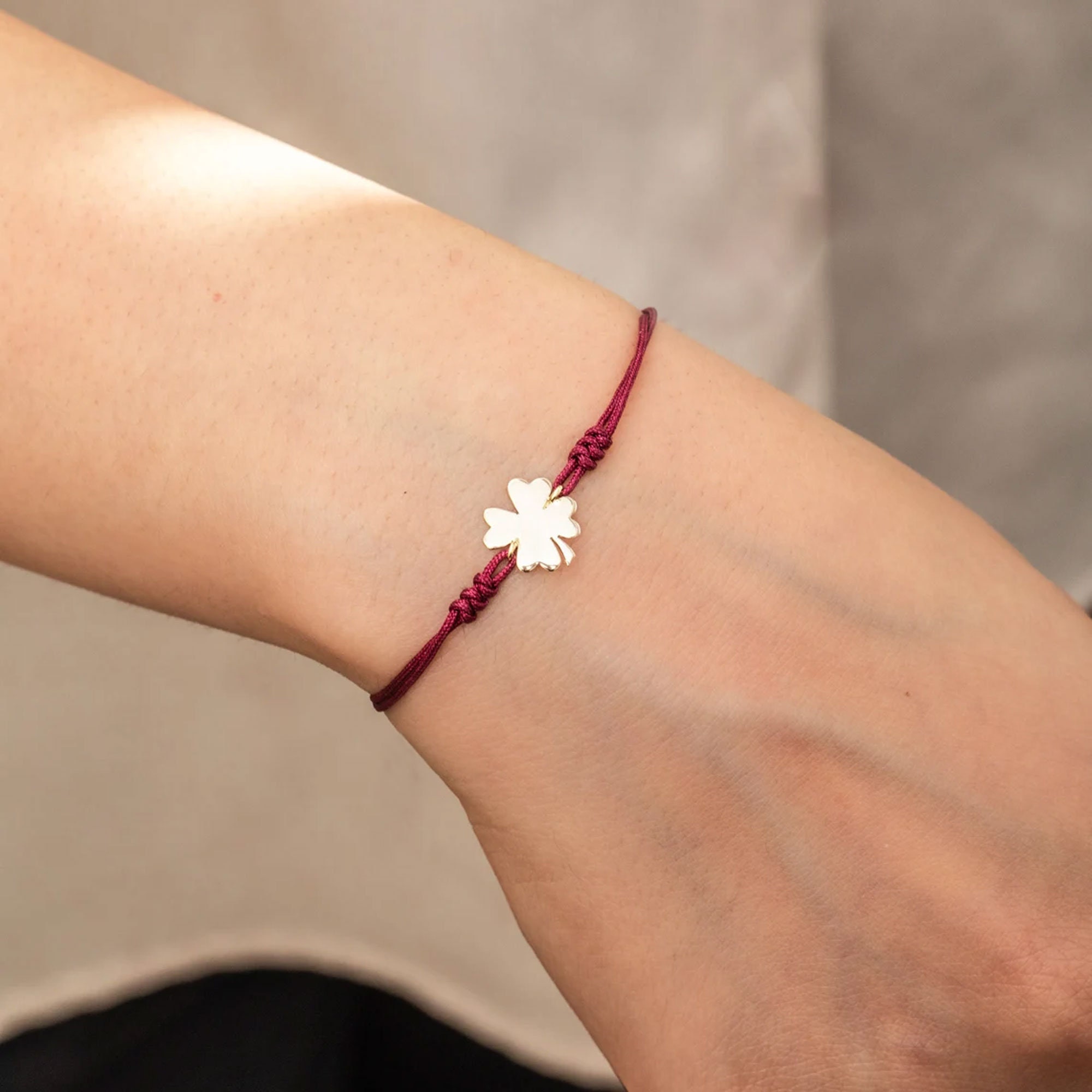 14K 18K Real Gold Clover Cord Bracelet, Tiny Clover String Bracelet, Four Leaf Lucky Bracelet, Adjustable String Bracelet For Good Luck