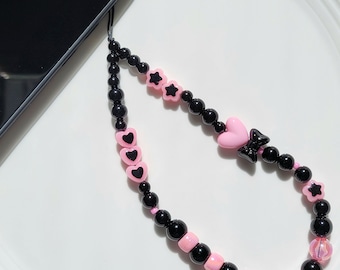 Pink Black  Phone Charm, Lovely Heart,  Beaded Phone Strap,girlwoman