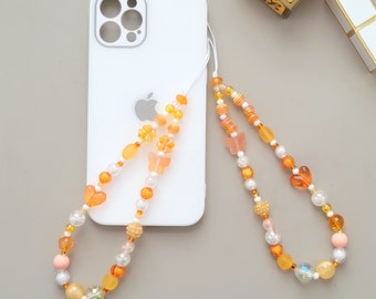 orange phone charm,peach jelly phone strap, bead phone strap, girl woman