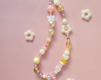 Ivory flower butterfly pastel color phone charm, Bead phone strap, girl woman,personalised phone charm,