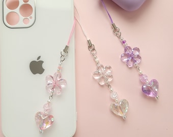 Jolie sangle de téléphone à breloques, chaîne de téléphone en perles kawaii, sangle de téléphone coeur brillant fleur, femme fille