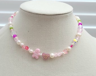Collar de hombre de pan de jengibre, collar de gargantilla de perlas de agua dulce, collar de cuentas de colores, mujer niña, lindo Kawaii, collar rosa.