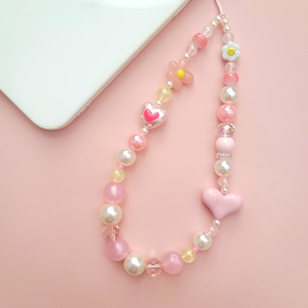 Pink Heart Phone Charm, Pink Yellow, heart flower phone strap,Phone Lanyard, phone accessory, gift for her