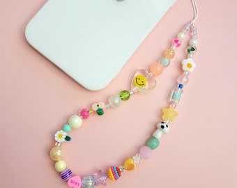 Cute Happy Face Phone Charm, Beaded Phone Charm, heart Phone Strap,Phone Lanyard,Mixed Beaded