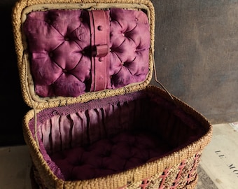 Beautifully Antique French Sewing Box/ Wicker Work and Tufted Silk Interior/ Napoleon III Sewing Box