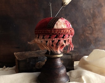 Vintage Velvet Ball Pincushion/   Trimmings and Wooden Foot