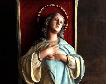 Antique Virgin Mary/ Spanish Religious Art/ Wall Statue/ Glass Eyes/ Religious Decor