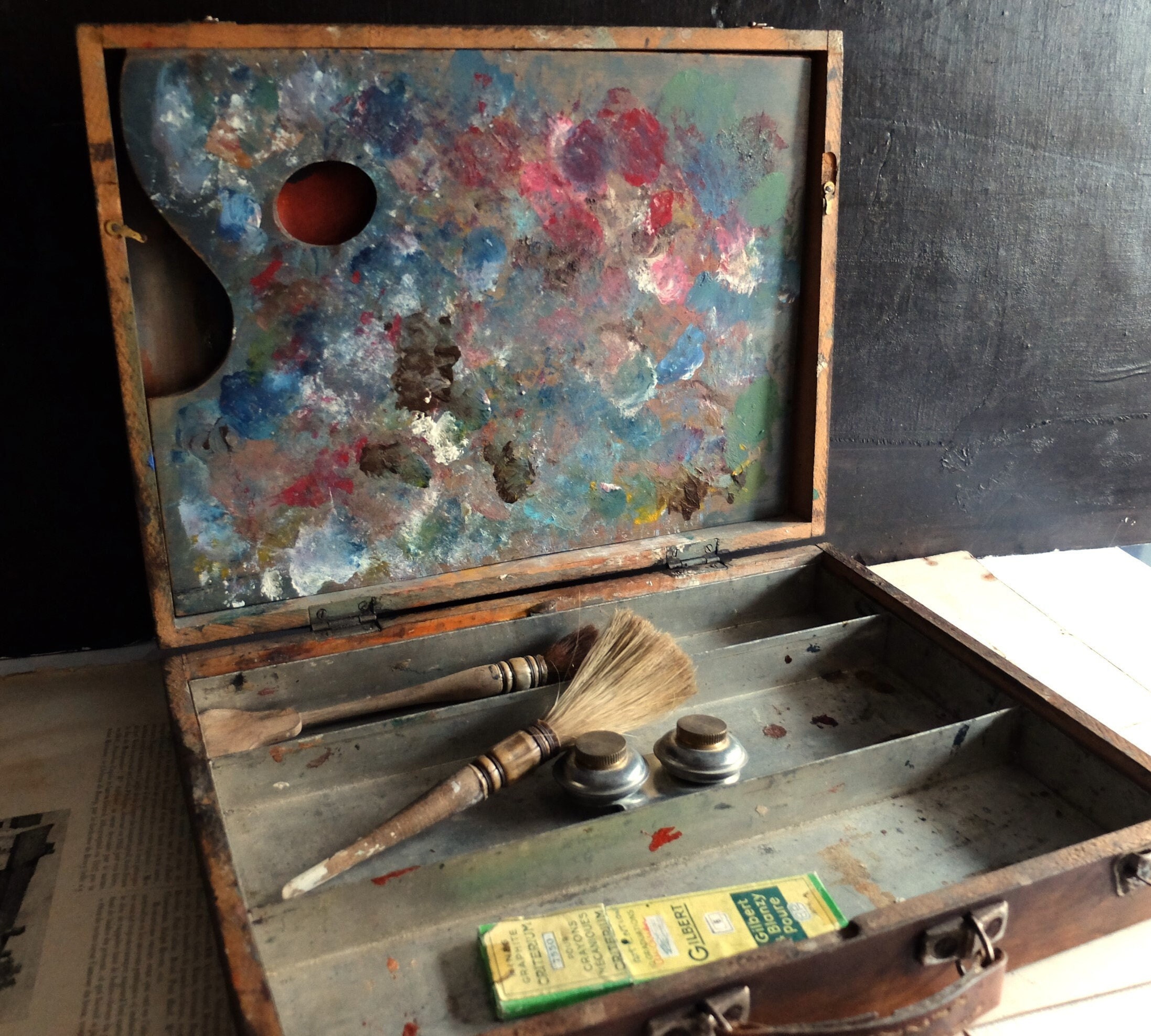 Wooden Vintage Painters Box/ French Box With Brushes / Antique Artist