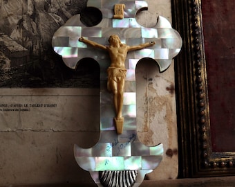 Antique Crucifix/ Mother of Pearl /Wood /Celluloid/ Spanish Religious Art