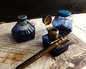 Belle Collection Inkwell Blue Ornate Design / Conteneur d'accessoires d'écriture à trois bureaux / Parker / Waterman