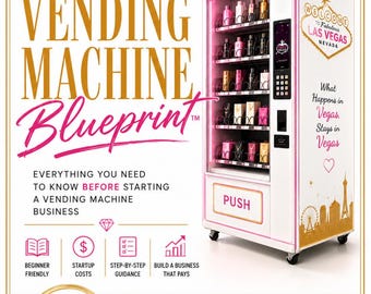 May include: A white vending machine with pink accents and Las Vegas themed graphics, including the text Welcome to Fabulous Las Vegas Nevada and What Happens in Vegas, Stays in Vegas. The machine displays various products on internal shelves.