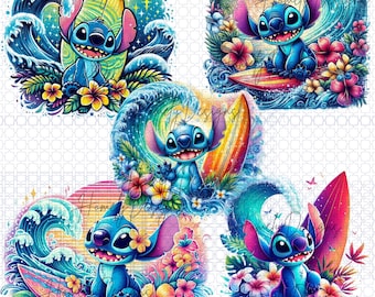 PNG Cute Stitch surf, Hawaiian flowers, Clipart Images, Digital design PNG file for sublimation