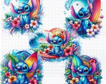 PNG Cute Stitch Hawaiian flowers, surfboard, sunset, Clipart Images, Digital design PNG file for sublimation