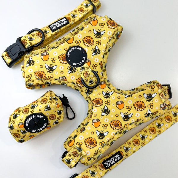 Bee Happy Collection, Spring, Yellow Dog Harness, Yellow Dog Lead, Dog Collar, Puppy Harness, Bumblebee, Bee Happy