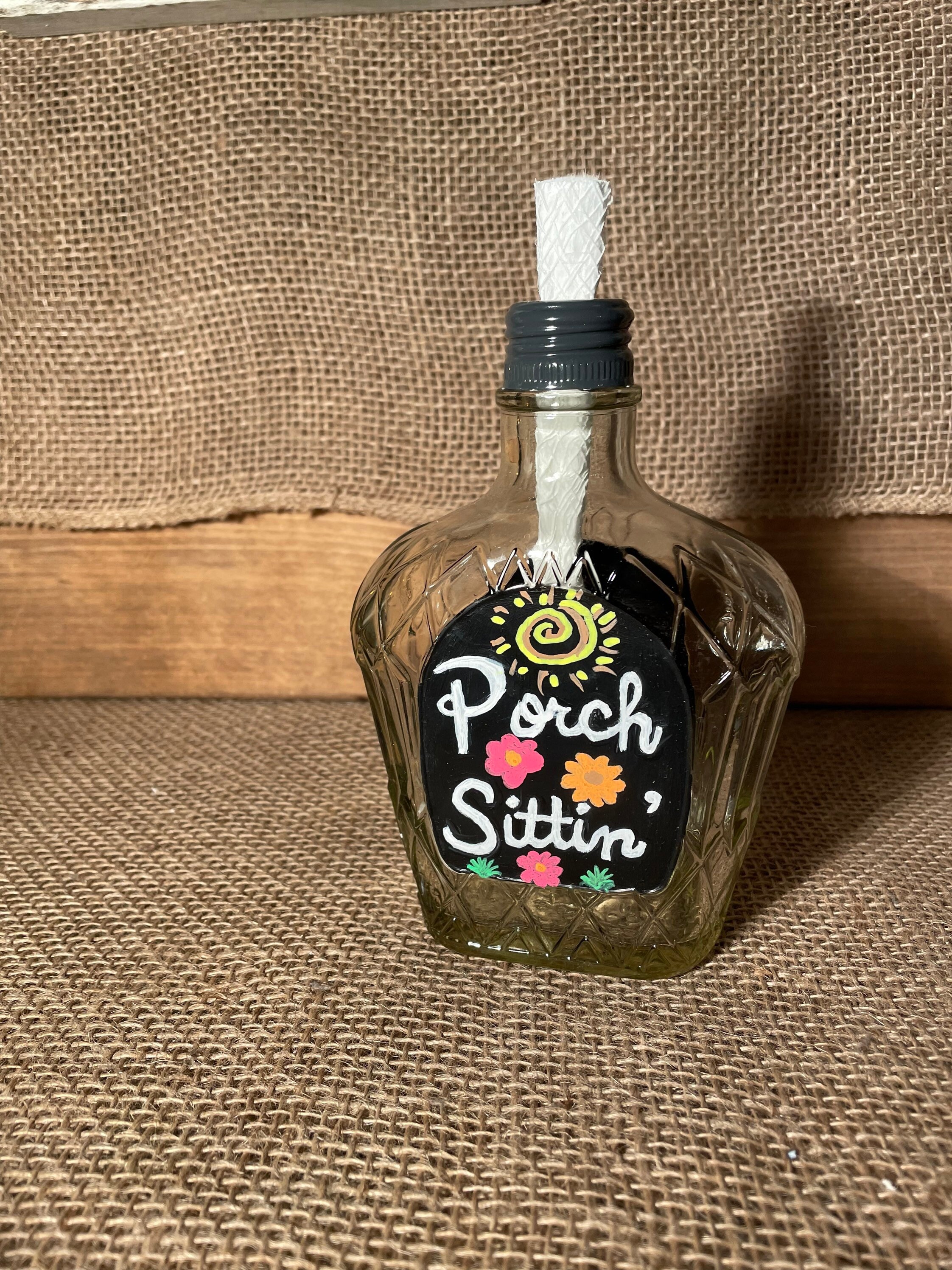 Crown Royal Whiskey Glass Bottle Tabletop Tiki Torch For Patio & Deck – Oil Lamp