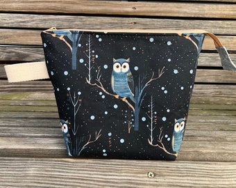 Night Owl! Knitting Project Bag, Crochet Zippered Pouch, Yarn Sock Tote