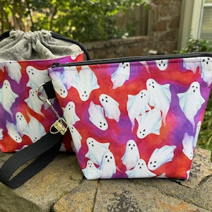 Groovy Apparition! Knitting Project Bag, Crochet Zippered Pouch, Yarn Sock Tote