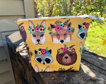 Woodland Friends! Knitting Project Bag, Crochet Zippered Pouch, Yarn Sock Tote
