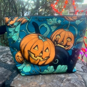 Pumpkin Patch Shenanigans! Knitting Project Bag, Crochet Zippered Pouch, Yarn Sock Tote