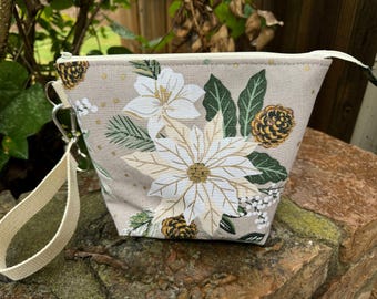Poinsettias! Knitting Project Bag, Crochet Zippered Pouch, Yarn Sock Tote