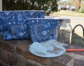 Catching Fireflies! Knitting Project Bag, Crochet Zippered Pouch, Yarn Sock Tote