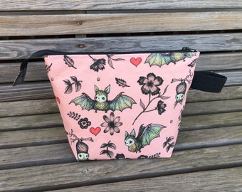 Bats and Hearts (pink)! Knitting Project Bag, Crochet Zippered Pouch, Yarn Sock Tote