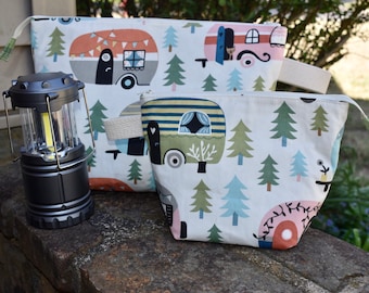 Glam Campers! Knitting Project Bag, Crochet Zippered Pouch, Yarn Sock Tote