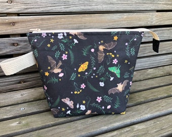Bats, Moths and Night Flowers! Knitting Project Bag, Crochet Zippered Pouch, Yarn Sock Tote