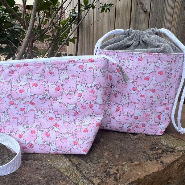 This Little Piggy! Knitting Project Bag, Crochet Zippered Pouch, Yarn Sock Tote