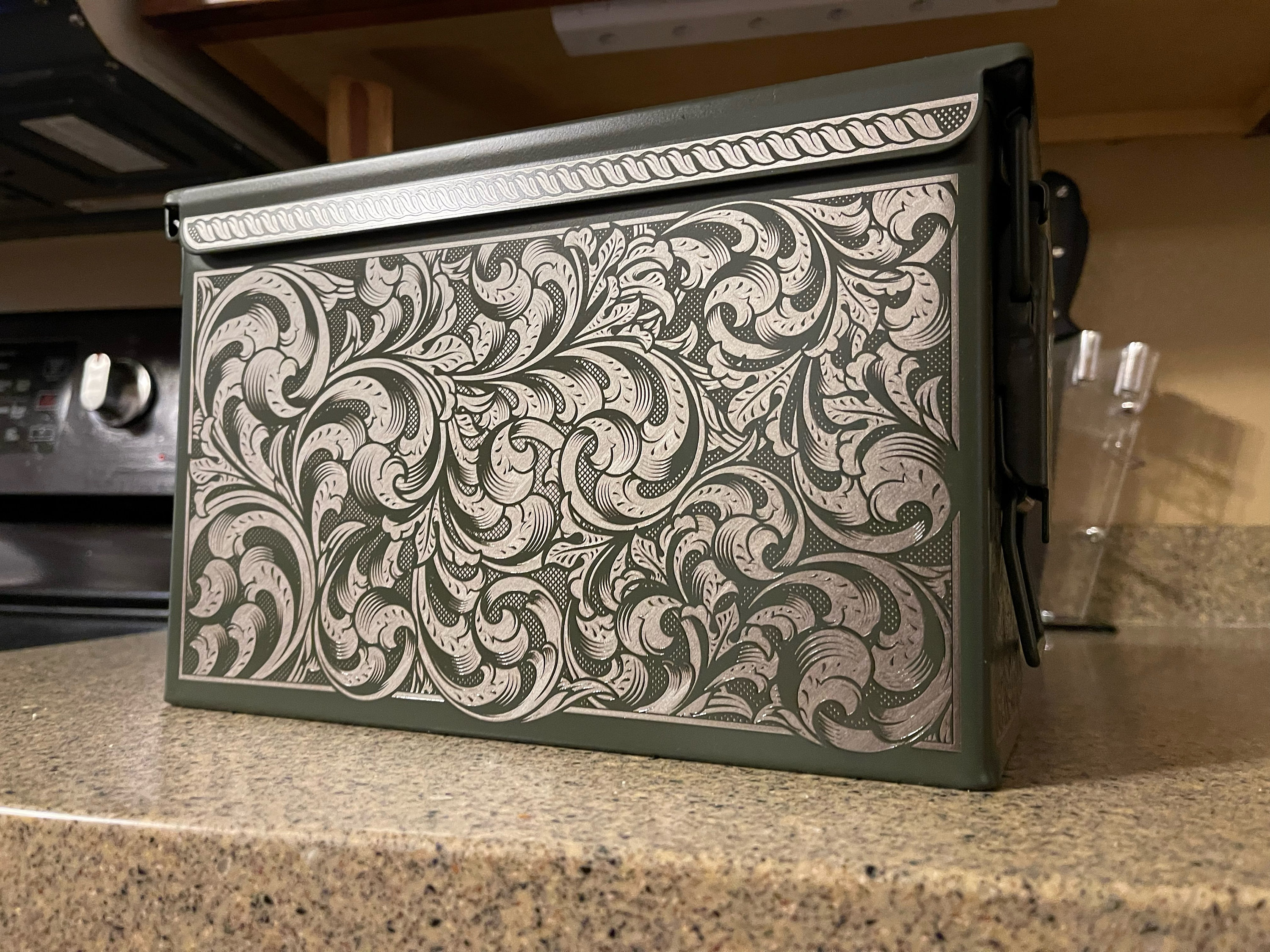 Fathers Day Gifts, 50cal Ammo Can Storage Box Scrolls Work of ART