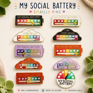 Könnte beinhalten: Eine Sammlung von Emaille-Anstecknadeln in Batterie- und Wolkenform mit Stimmungstracker-Designs. Jede Nadel zeigt eine Skala von Gesichtern von traurig bis fröhlich, mit dem Text My Social Battery oder My Mood Tracker und Blitz-Akzenten.