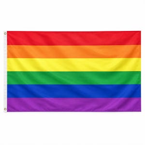 Könnte beinhalten: Eine rechteckige Regenbogenflagge mit sechs horizontalen Streifen in den Farben Rot, Orange, Gelb, Grün, Blau und Violett. Die Flagge hat an der linken Seite ein weißes vertikales Kopfband mit zwei Metallösen zur Befestigung.