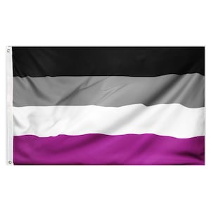 May include: A rectangular flag featuring four horizontal stripes of equal width. The top stripe is black, followed by a grey stripe, a white stripe, and a bottom stripe in purple. The left side includes a white vertical header with two metal grommets.
