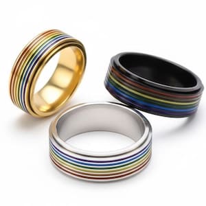 Bague anti-stress arc-en-ciel LGBTQ de haute qualité, 7,9 mm - Acier inoxydable et émail - disponible en plusieurs tailles - Soulagement du stress - Rotation