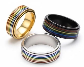 Anillo antiestrés de alta calidad con diseño de arcoíris LGBTQ+ de 7,9 mm - Acero inoxidable + esmalte - Disponible en varios tamaños - Alivia el estrés - Giratorio - Rotable