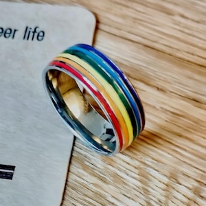 Pride Ring Rainbow LGBTQ 8 mm Wide made of Stainless Steel + Enamel - Available in Different Sizes