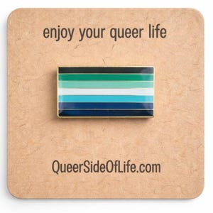 Pode incluir: Um alfinete retangular esmaltado com uma borda dourada, apresentando um design listrado horizontal em tons de preto, verde, verde-azulado, branco e azul. O alfinete é exibido em um cartão marrom com o texto "enjoy your queer life" e "QueerSideOfLife.com".
