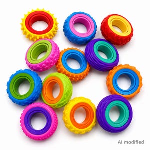 Op de afbeelding: Een verzameling van elf cirkelvormige sensorische ringen in diverse felle kleuren, waaronder rood, geel, blauw, roze, paars, groen en oranje. Elke ring heeft een getextureerd buitenoppervlak met verschillende patronen en een gladde binnenring.