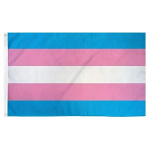 Può includere: Una bandiera rettangolare caratterizzata da cinque strisce orizzontali in una specifica sequenza di colori. Le strisce superiore e inferiore sono azzurre, seguite da due strisce interne rosa e una striscia centrale bianca. Due occhielli metallici sono visibili sul lato sinistro.