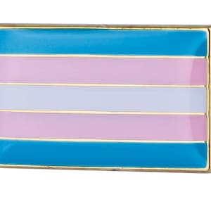 Puede incluir: Un pin rectangular esmaltado con la bandera del orgullo transgénero. El pin tiene un borde dorado y muestra franjas horizontales de color azul claro, rosa y blanco. Un símbolo de la comunidad transgénero.
