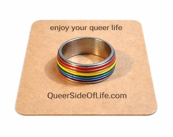 Anillo antiestrés arcoíris LGBTQ de alta calidad, 9 mm, acero inoxidable y esmalte, disponible en varios tamaños, antiestrés, giratorio.