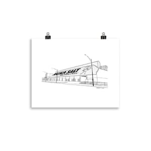 May include: A black and white line drawing of a building with the words "MUNA SALT" on the side. The building is a warehouse or factory with a large sign on the side. The drawing is done in a simple style and is reminiscent of a vintage illustration.