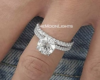 2CT Round Diamond Wedding Ring Set, Simulated Solitaire Engagement Ring Set, Matching Band Set, Wedding Bridal Ring, Hidden Halo Style Ring