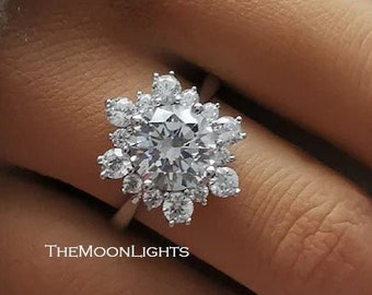 Splendido anello di fidanzamento a grappolo simulato da 15 pezzi, anello in argento con diamante rotondo centrale da 2CT, anello nuziale a grappolo antico CZ, anello in argento 925