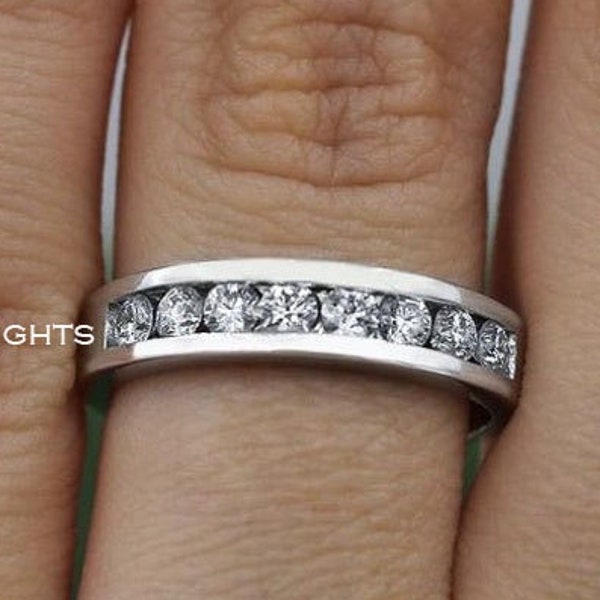 0.90CT Round Cut Lab Diamond Eternity Wedding Band, 2.50MM Diamond Half Channel Band, Perfect Anniversary Ring, Silver Unique Wedding Band