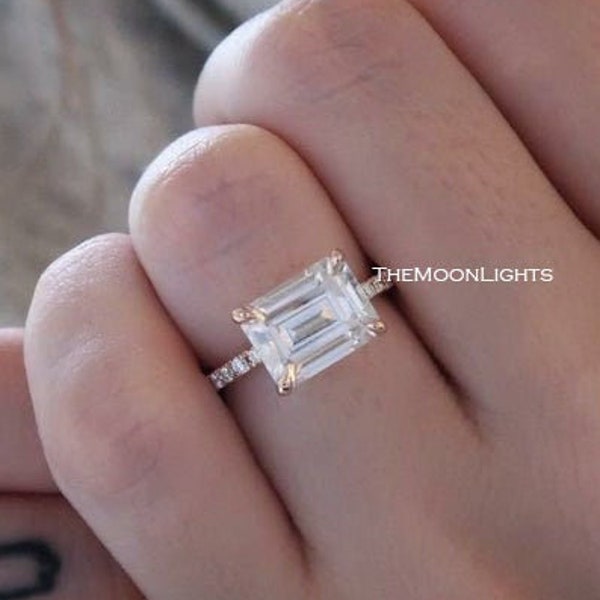 3.30CT East West Emerald Cut Ring, Unique East West Engagement Ring, Gold Plated Ring, 10x8MM Simulated Lab Diamond Silver Ring Promise Ring